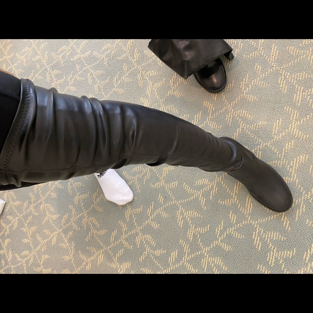 Black leather-like thigh high boots